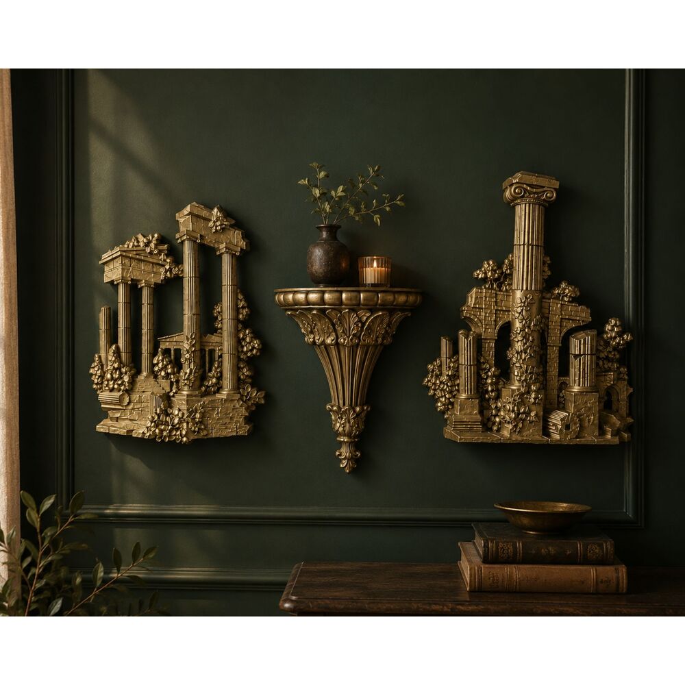 Vintage HOMCO Roman Ruins Wall Decor 3 Gold Architectural Column Plaques 1970s